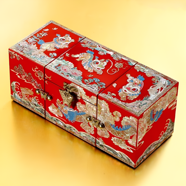 Auspicious Lion & Dragon Lacquer Mother-of-Pearl Inlay Tri-Fold Jewelry Box