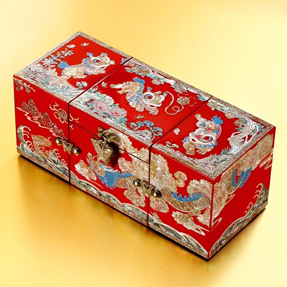 Auspicious Lion & Dragon Lacquer Mother-of-Pearl Inlay Tri-Fold Jewelry Box