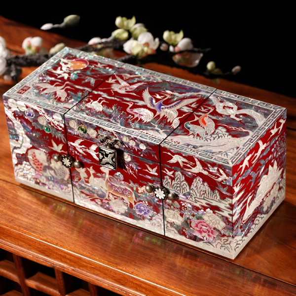 Elegant Cranes Lacquer Mother-of-Pearl Inlay Tri-Fold Jewelry Box
