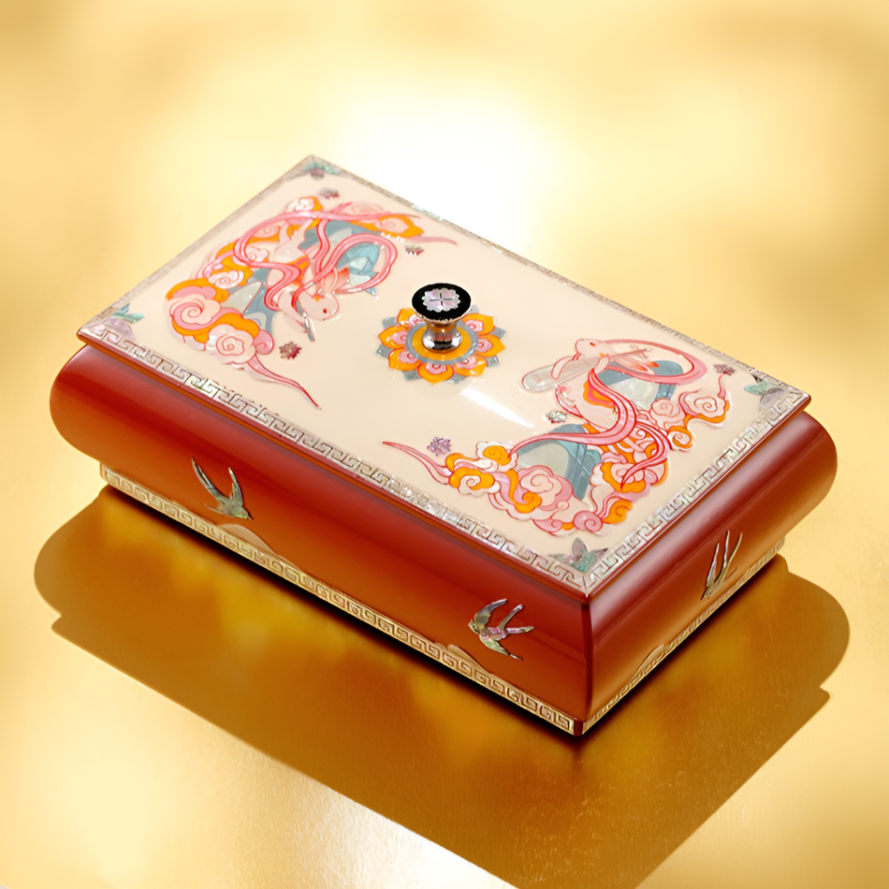 Jade Rabbits & Celestial Melody Lacquer Mother-of-Pearl Inlay Square Lid Box