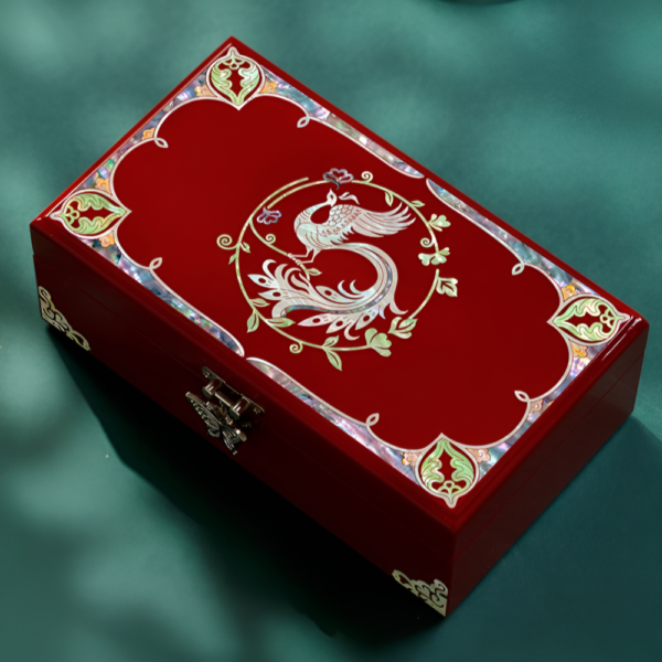 Phoenix Holding Flowers Lacquer Mother-of-Pearl Inlay Jewelry Box